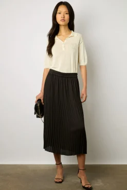 Jupe Midi En Satin Ondule Noir - Delhia