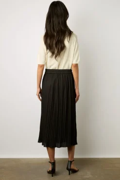 Jupe Midi En Satin Ondule Noir - Delhia