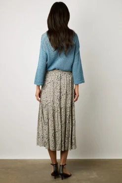 Jupe Midi Evasee A Fleurs Ecru - Destiny