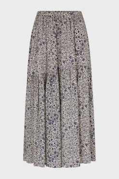 Jupe Midi Evasee A Fleurs Ecru - Destiny