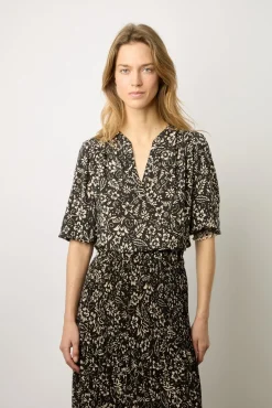 Jupe Midi Plissee A Fleurs Noir - Delfine