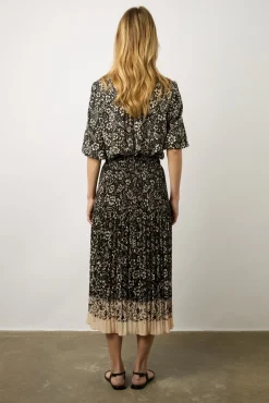 Jupe Midi Plissee A Fleurs Noir - Delfine