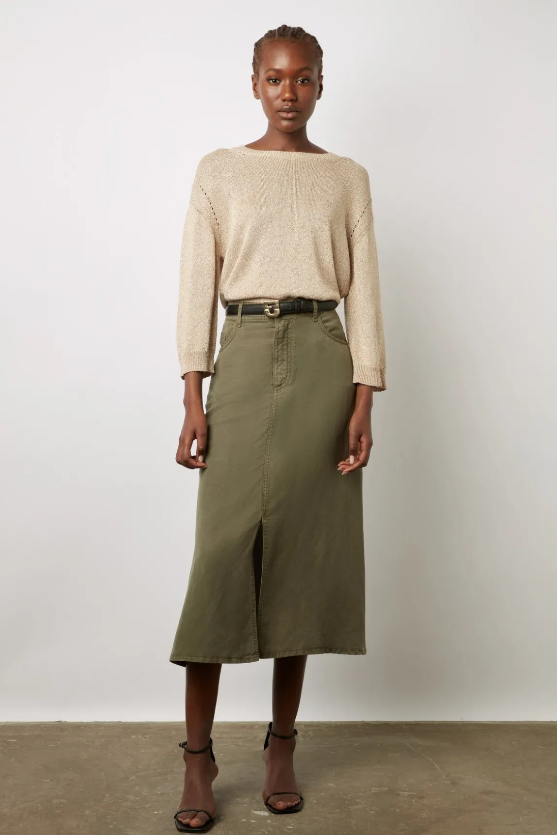 Jupe Midi Unie Vert Kaki - Douria