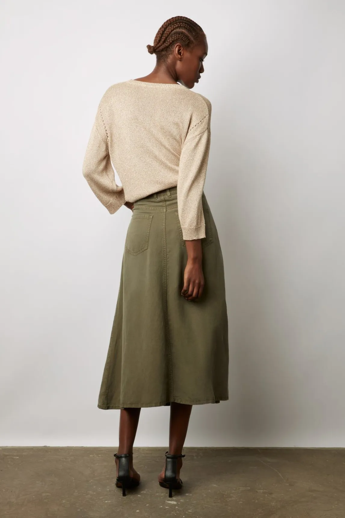 Jupe Midi Unie Vert Kaki - Douria