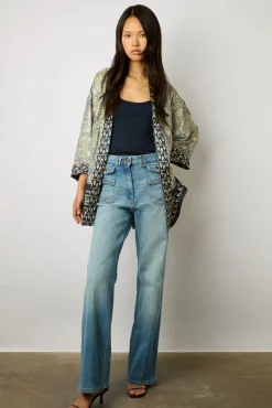 Kimono Imprime En Soie Indigo - Brunella