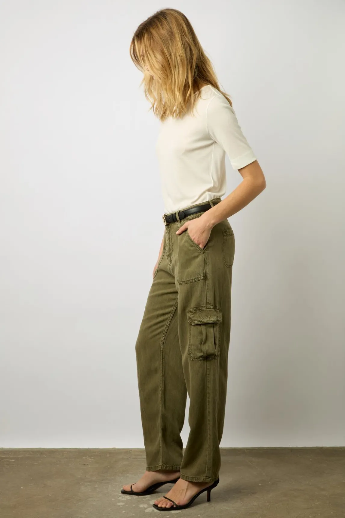 Pantalon Cargo En Lin Vert Kaki - Celya