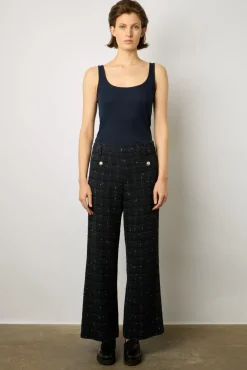 Pantalon Large En Tweed Marine - Cheraze