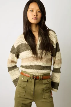 Polo En Coton Ajoure Raye Ecru - Lea