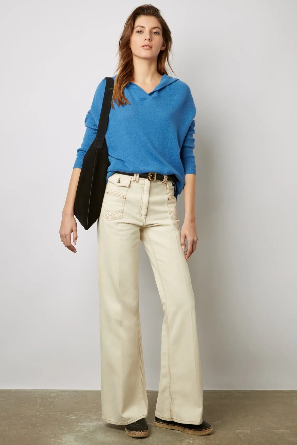 Pull Cachemire A Capuche Bleu - Leotina