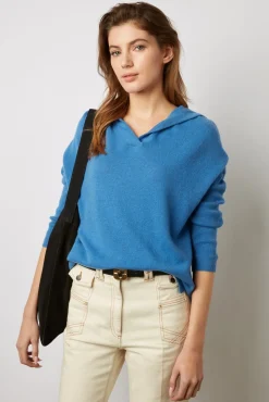 Pull Cachemire A Capuche Bleu - Leotina