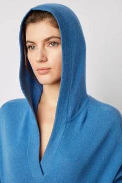 Pull Cachemire A Capuche Bleu - Leotina