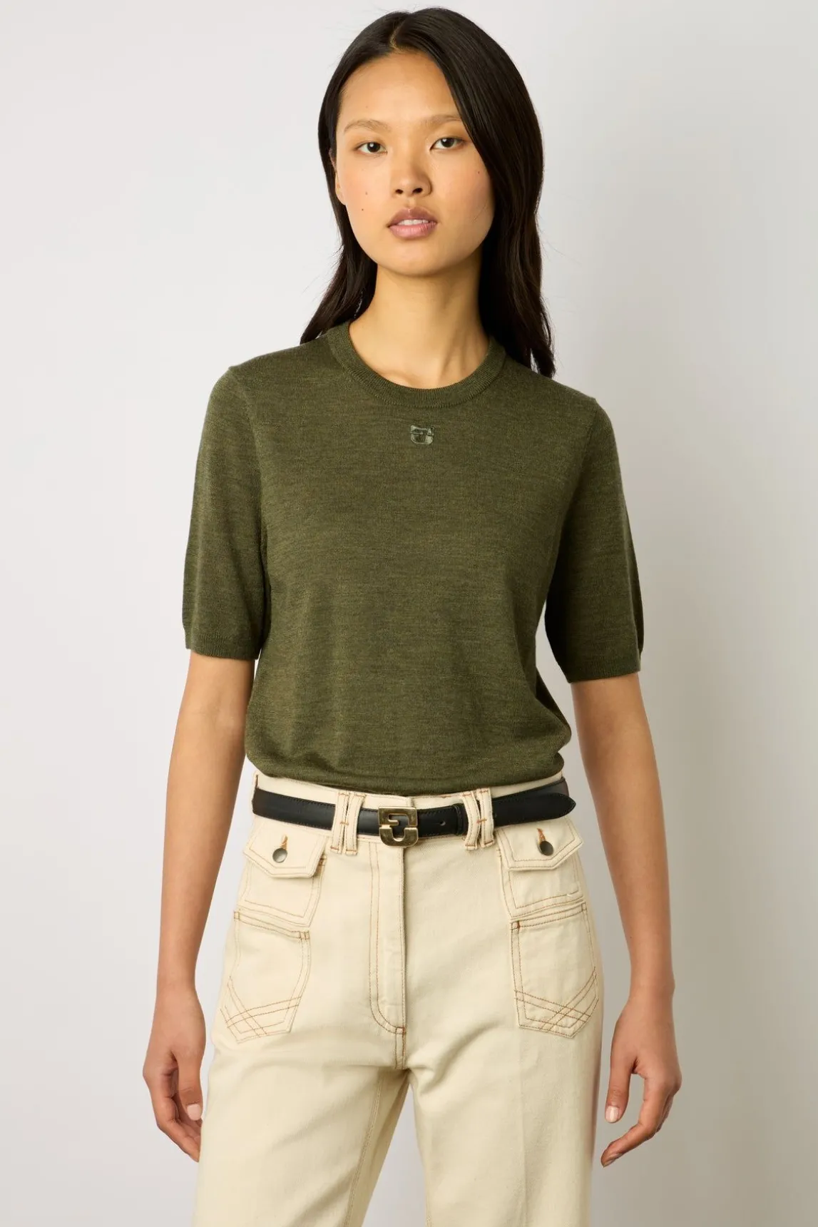 Pull Manches Courtes En Laine Kaki - Lysea