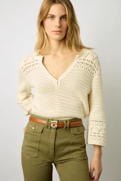 Pull Tunisien En Coton Ajoure Ecru - Lessie