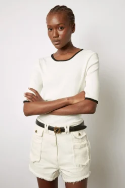 Pull Uni Bicolore A Cotes Ecru - Lamiss