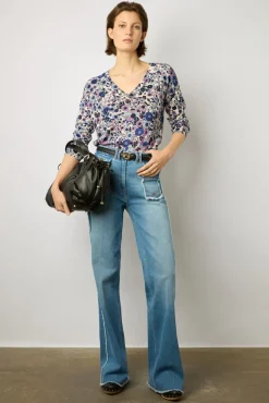 Pull V Fleurs Lin Et Coton Naturel - Lylou