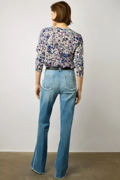 Pull V Fleurs Lin Et Coton Naturel - Lylou