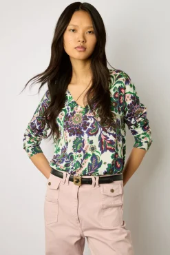 Pull V Lin Et Coton Imprime Ecru - Lylou
