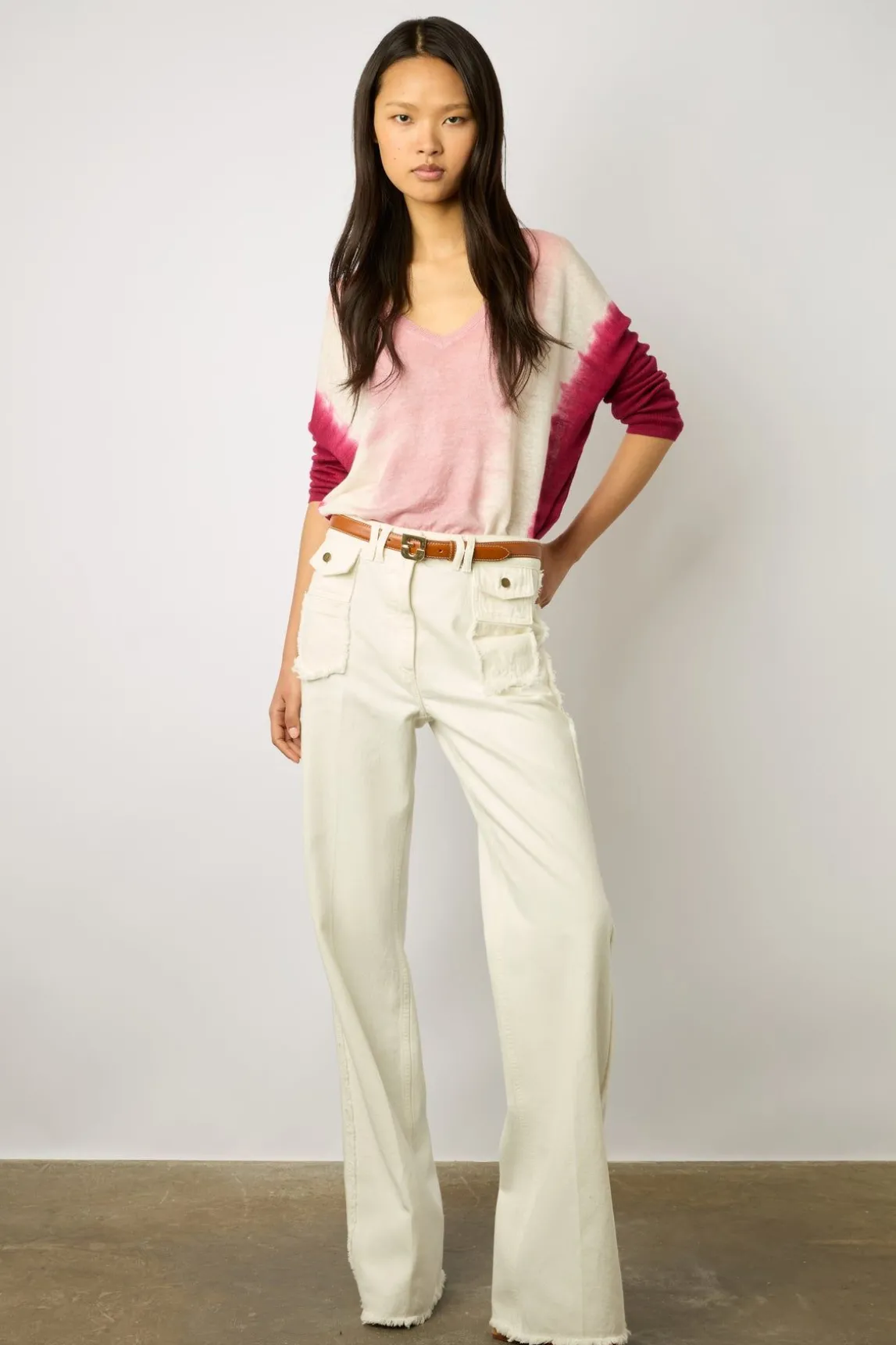 Pull V Tie And Dye En Lin Rose Vif - Lamy