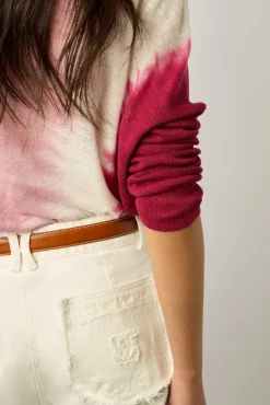 Pull V Tie And Dye En Lin Rose Vif - Lamy