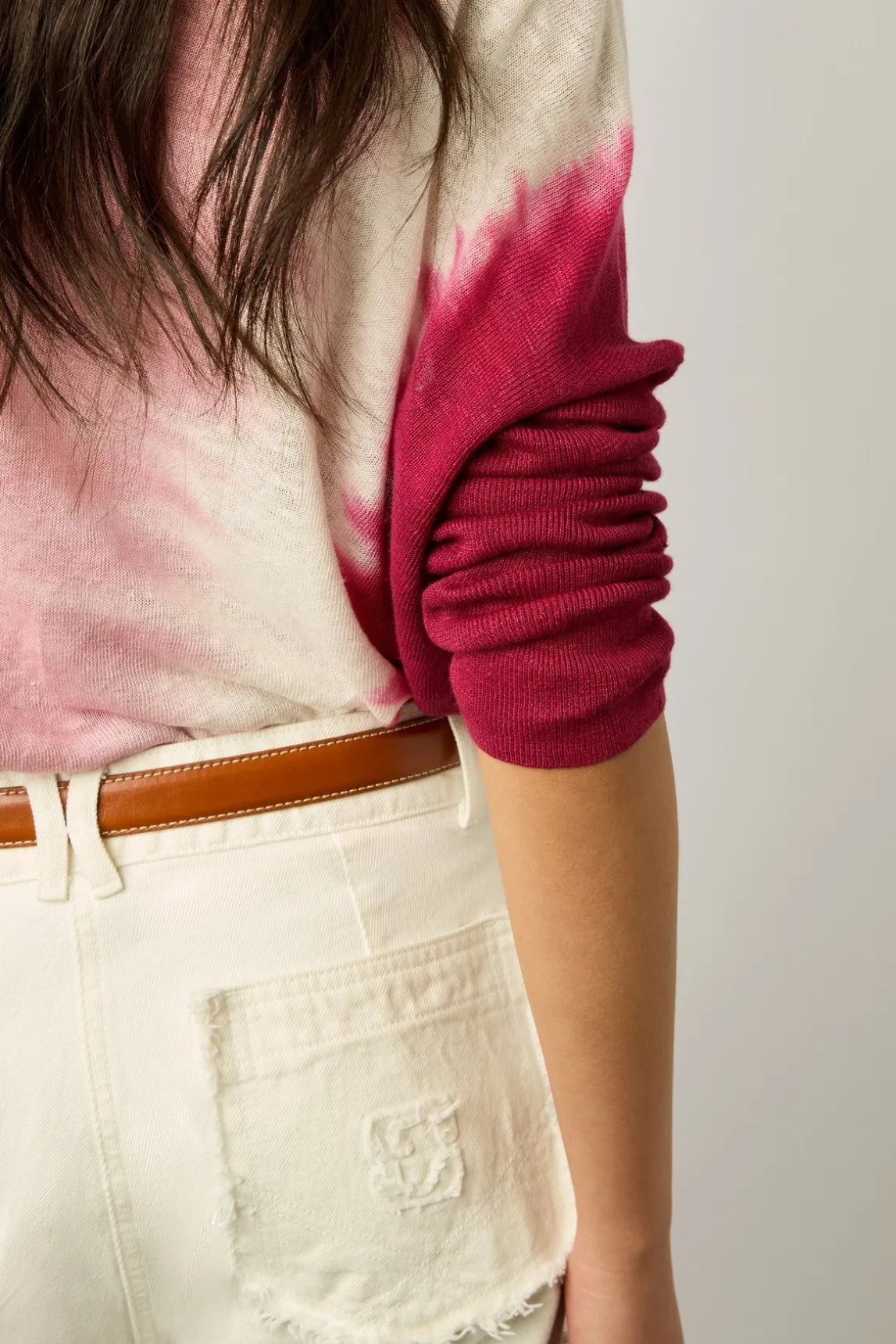 Pull V Tie And Dye En Lin Rose Vif - Lamy