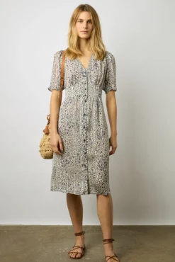 Robe Cintree A Fleurs Lurex Ecru - Elichevy