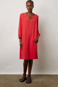 Robe Courte Fluide A Lacet Corail - Edika