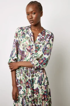 Robe Longue Cintree A Fleurs Ecru - Elycia