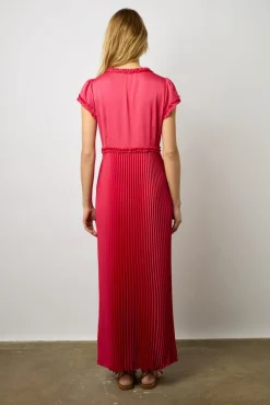 Robe Longue Cintree Plissee Rose Vif - Elvy