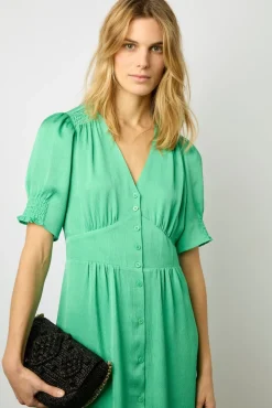 Robe Midi Cintree Smocks Emeraude - Elonie