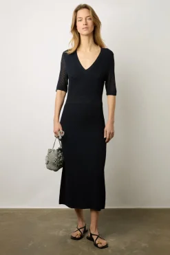 Robe Midi En Maille Ajouree Marine - Emi