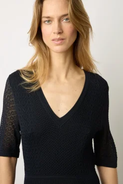 Robe Midi En Maille Ajouree Marine - Emi