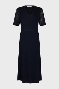 Robe Midi En Maille Ajouree Marine - Emi