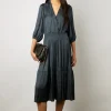 Robe Midi En Satin A Volants Encre - Endy