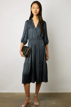 Robe Midi En Satin A Volants Encre - Endy