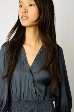 Robe Midi En Satin A Volants Encre - Endy