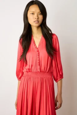 Robe Midi En Satin A Volants Corail - Endy