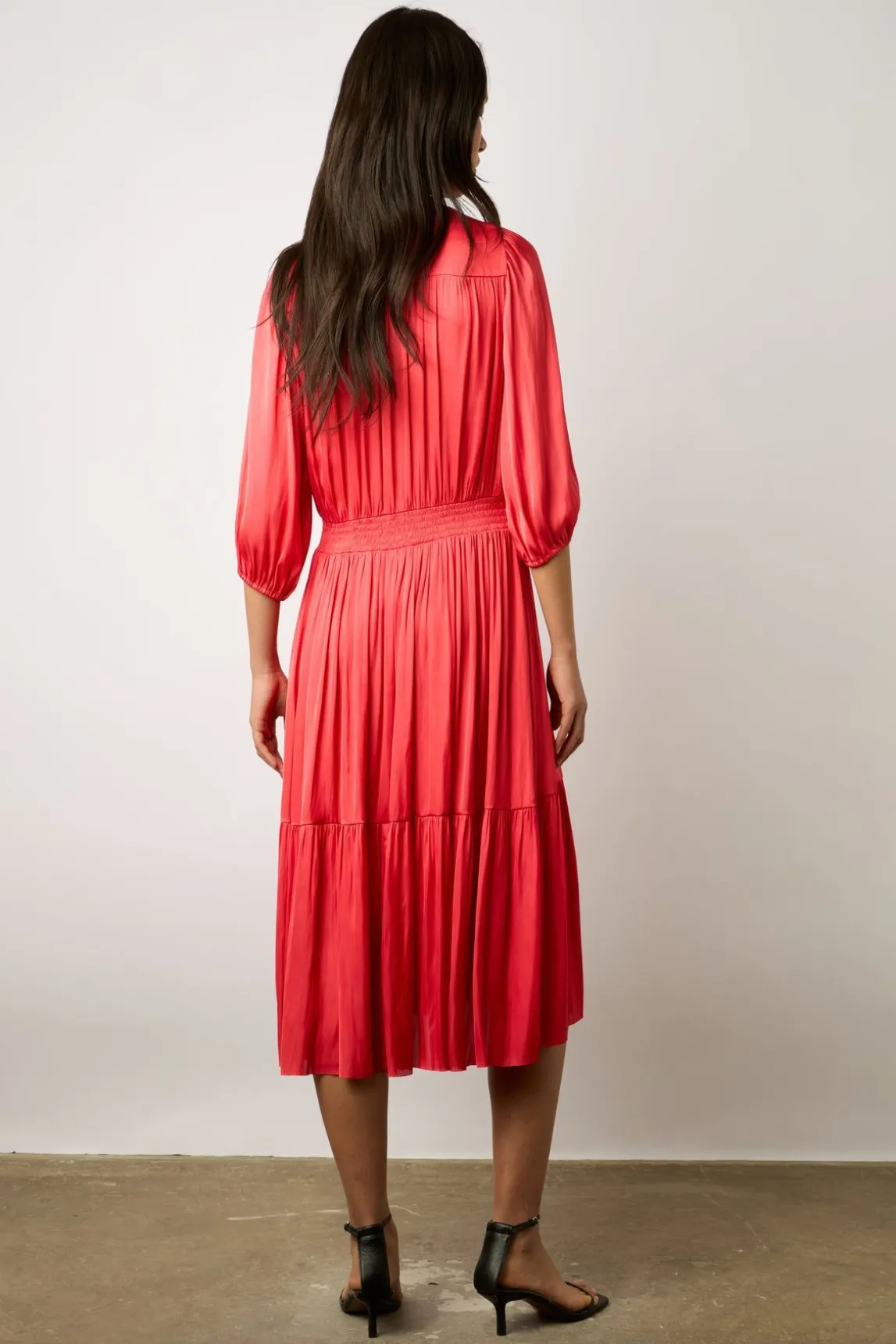 Robe Midi En Satin A Volants Corail - Endy