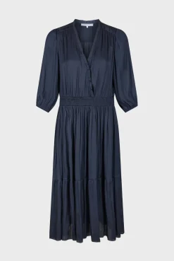 Robe Midi En Satin A Volants Encre - Endy