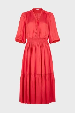 Robe Midi En Satin A Volants Corail - Endy