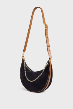 Sac Demi-Lune En Cuir Velours Bleu - Suzanne