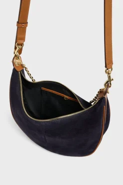 Sac Demi-Lune En Cuir Velours Bleu - Suzanne