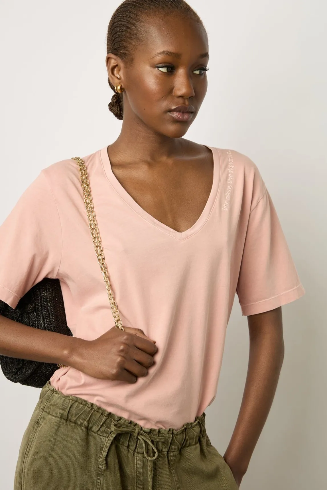 T-Shirt Col Tunisien Coton Rose - Maurine