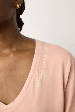T-Shirt Col Tunisien Coton Rose - Maurine