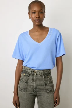 T-Shirt Col Tunisien En Coton Bleu - Maurine