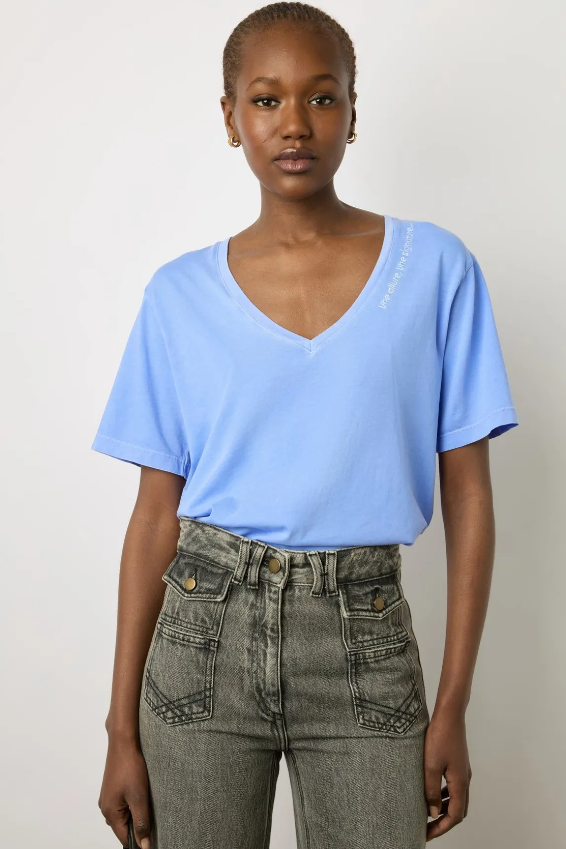 T-Shirt Col Tunisien En Coton Bleu - Maurine