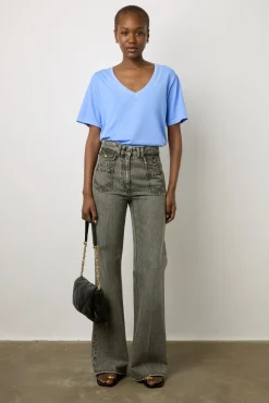 T-Shirt Col Tunisien En Coton Bleu - Maurine
