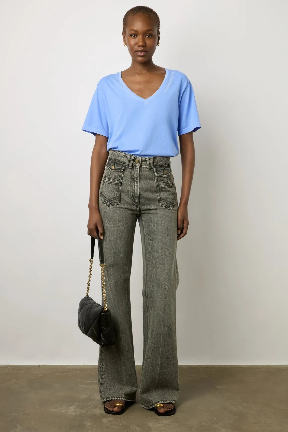 T-Shirt Col Tunisien En Coton Bleu - Maurine