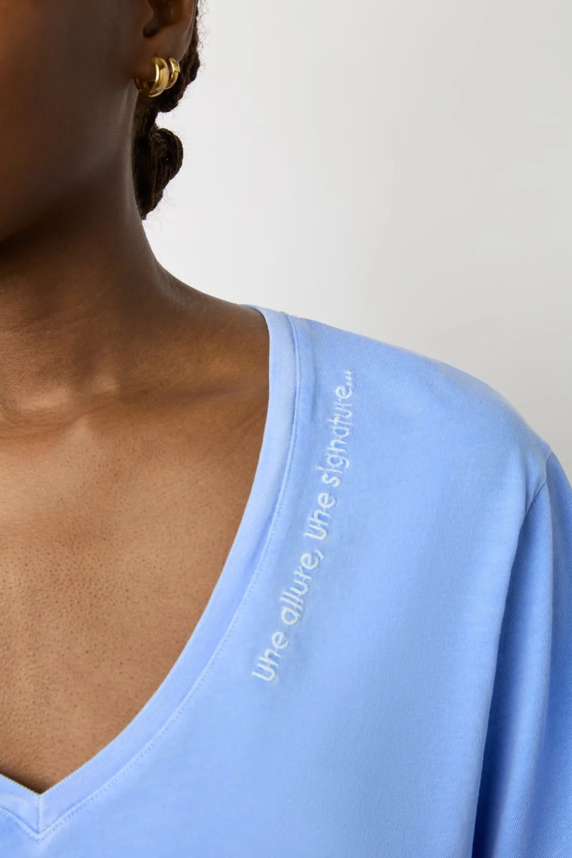 T-Shirt Col Tunisien En Coton Bleu - Maurine