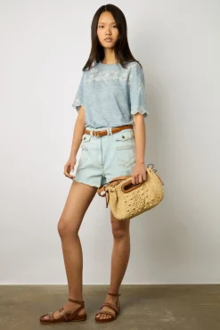 Tshirt En Lin A Broderie Bleu Ciel - Manika