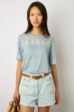 Tshirt En Lin A Broderie Bleu Ciel - Manika